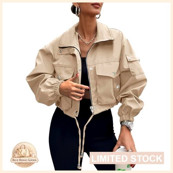 Jackets & Blazers - Cropped Bomber Jacket Lightweight Utility Anorak Zip Up With Pockets Trendy